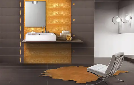 Decoratief element, Effect lederlook, Kleur oranje, Geglazuurde porseleinen steengoed, 24x72 cm, Oppervlak glanzend