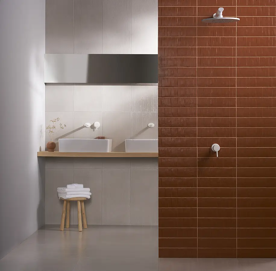 Background tile, Color orange, Style designer, Glazed porcelain stoneware, 7.5x30 cm, Finish Textured