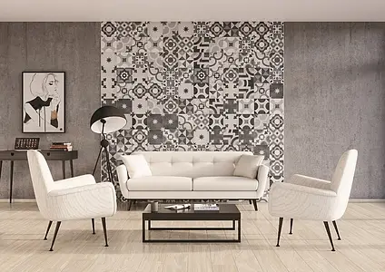 Bakgrundskakel, Textur enkaustisk kakel, Färg grå,svart, Stil patchwork, Glaserad granitkeramik, 25x25 cm, Yta halksäker