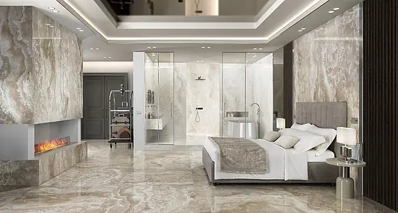 Background tile, Effect onyx, Color brown, Glazed porcelain stoneware, 120x280 cm, Finish polished