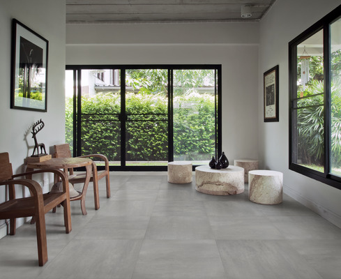 Grundflise, Effekt beton, Farve grå, Uglaseret porcelænsstentøj, 60x60 cm, Overflade skridsikker