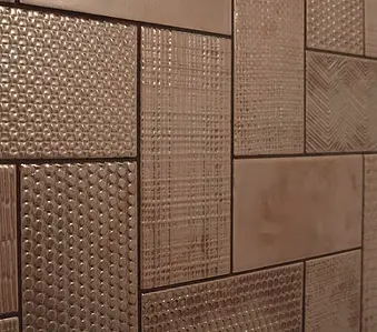 Piastrella di fondo, Effetto metallo, Colore marrone, Stile patchwork, Ceramica, 10x20 cm, Superficie lucida