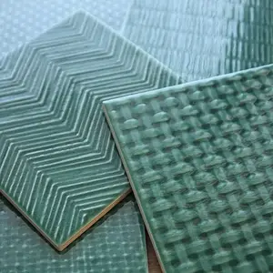 Carrelage, Effet tissu, Teinte verte, Style patchwork, Céramique, 15x15 cm, Surface brillante