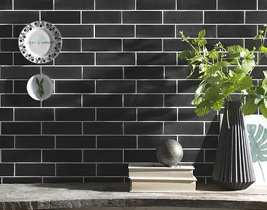 Background tile, Effect brick, Color black, Glazed porcelain stoneware, 5x15 cm, Finish antislip