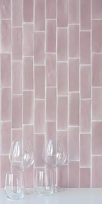 Grundflise, Effekt mursten,ensfarvet, Farve lyserød, Stil håndlavet, Glaseret porcelænsstentøj, 5x15 cm, Overflade skridsikker