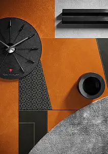 Background tile, Effect leather, Color black,orange, Unglazed porcelain stoneware, 120x280 cm, Finish matte