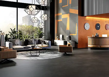 Background tile, Effect leather, Color black,orange, Unglazed porcelain stoneware, 120x280 cm, Finish matte