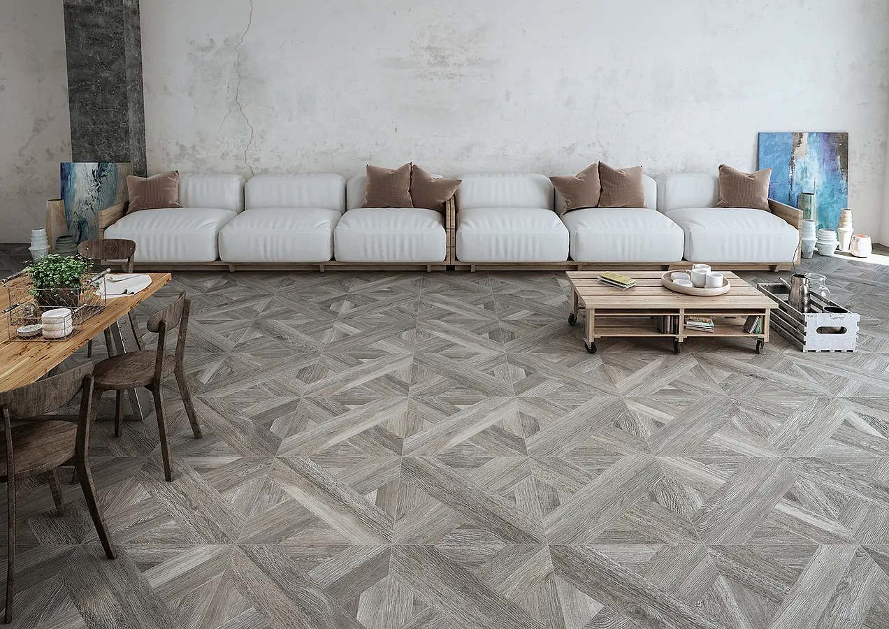 Background tile, Effect wood, Color grey, Unglazed porcelain stoneware, 61x61 cm, Finish antislip