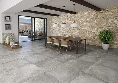 Background tile, Effect concrete, Color grey, Unglazed porcelain stoneware, 61.5x61.5 cm, Finish antislip
