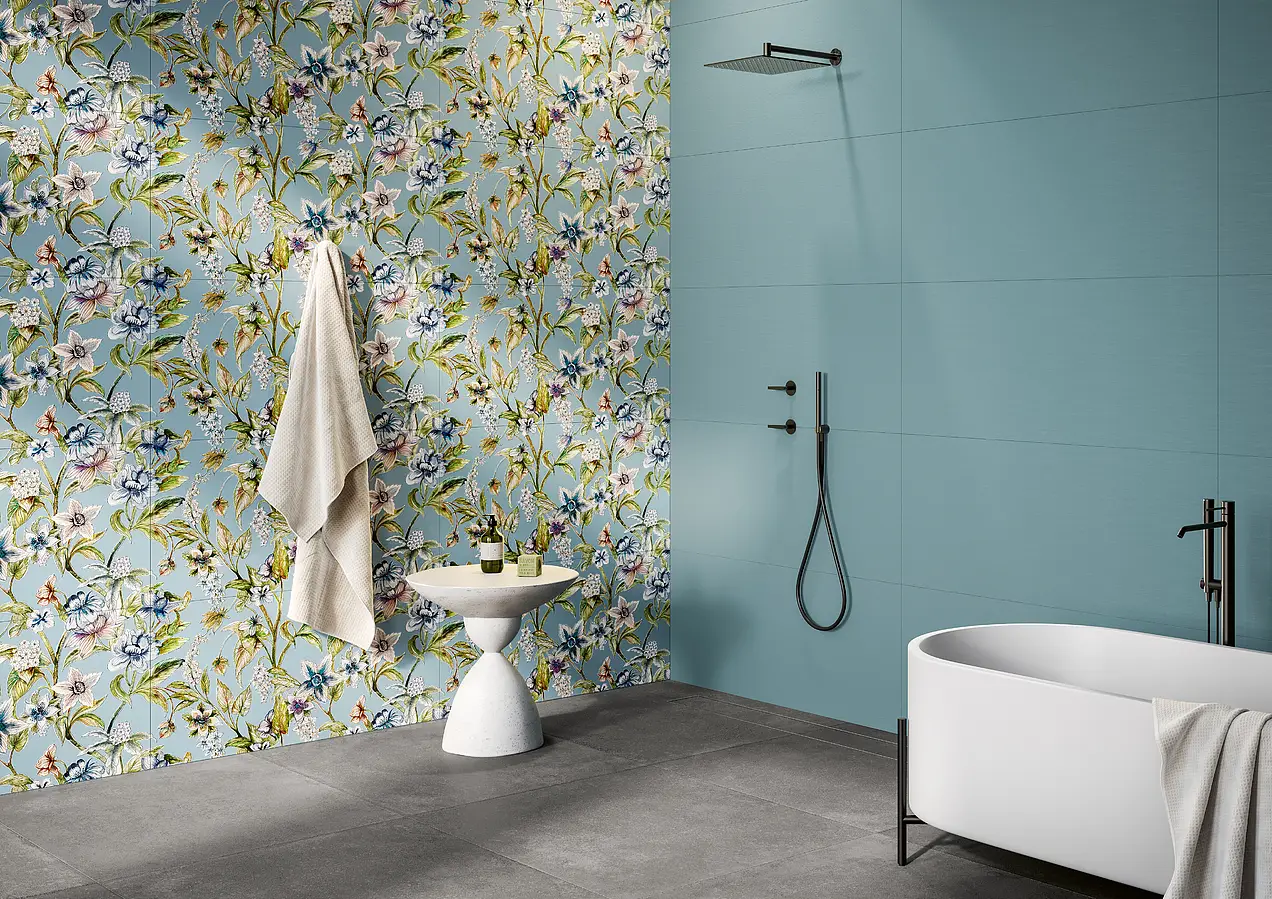 Background tile, Effect fabric, Color navy blue,multicolor,sky blue, Glazed porcelain stoneware, 50x100 cm, Finish matte