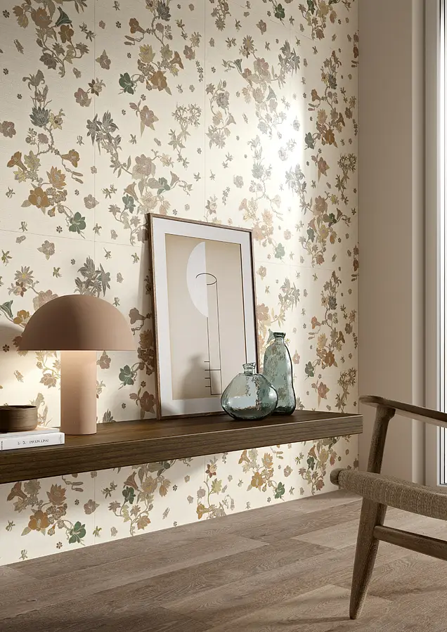 Background tile, Effect fabric, Color beige,white,brown, Glazed porcelain stoneware, 100x100 cm, Finish matte