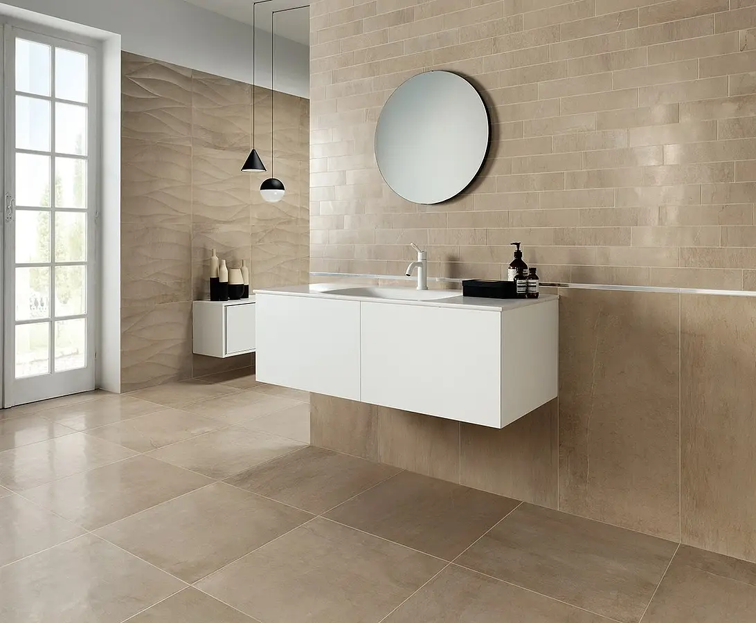 Background tile, Effect limestone, Color beige, Style designer, Glazed porcelain stoneware, 7.5x30 cm, Finish semi-polished