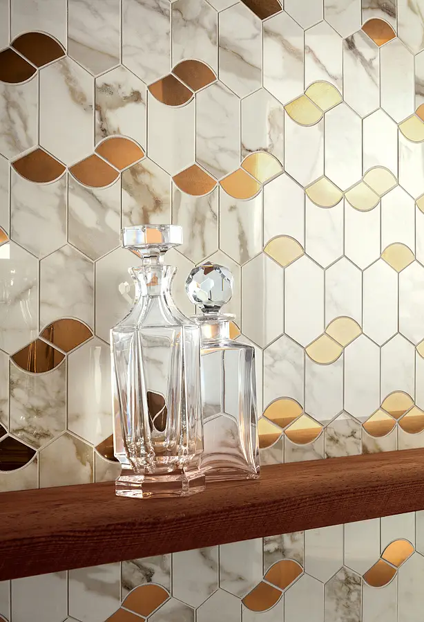 Mosaic tile, Effect gold and precious metals,other marbles, Color white,orange, Glazed porcelain stoneware, 26x35 cm, Finish polished