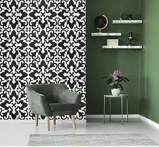 Background tile, Effect faux encaustic tiles, Color black & white, Unglazed porcelain stoneware, 20x20 cm, Finish matte