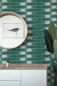 Grundflise, Effekt mursten, Farve grøn, Keramik, 7.5x30 cm, Overflade halvblank