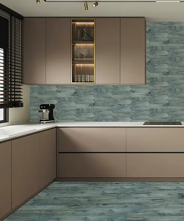 Background tile, Effect wood, Color green,sky blue, Unglazed porcelain stoneware, 20x120 cm, Finish antislip