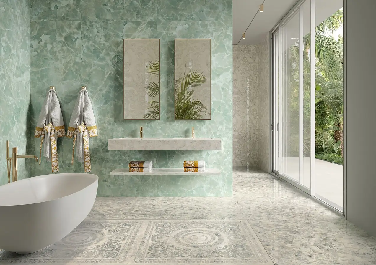 Background tile, Effect onyx, Color green, Glazed porcelain stoneware, 120x280 cm, Finish polished