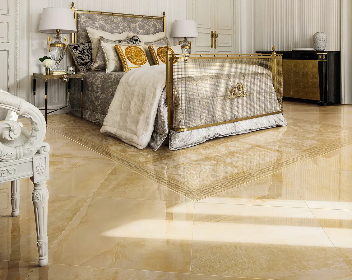 Background tile, Effect onyx, Color yellow, Style designer, Glazed porcelain stoneware, 58.5x58.5 cm, Finish semi-polished